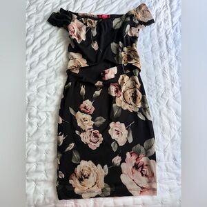 Guess Black Floral Off-Shoulder Midi Dress